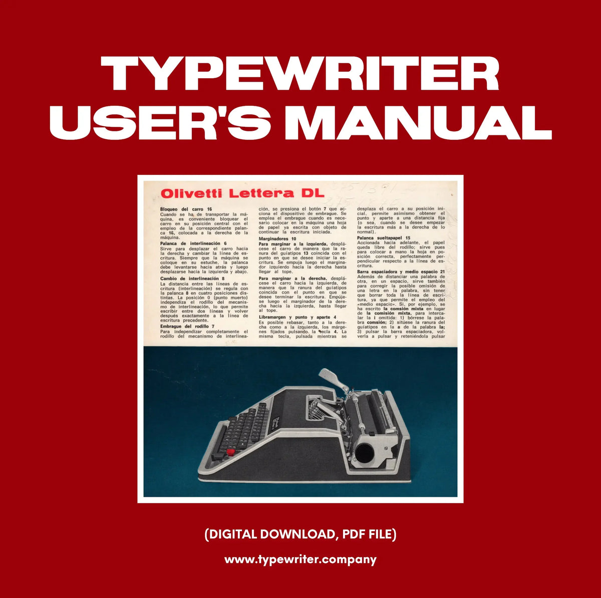 Instruction Manual for Vintage Typewriter Olivetti DL, PDF in Spanish - ElGranero Typewriter.Company