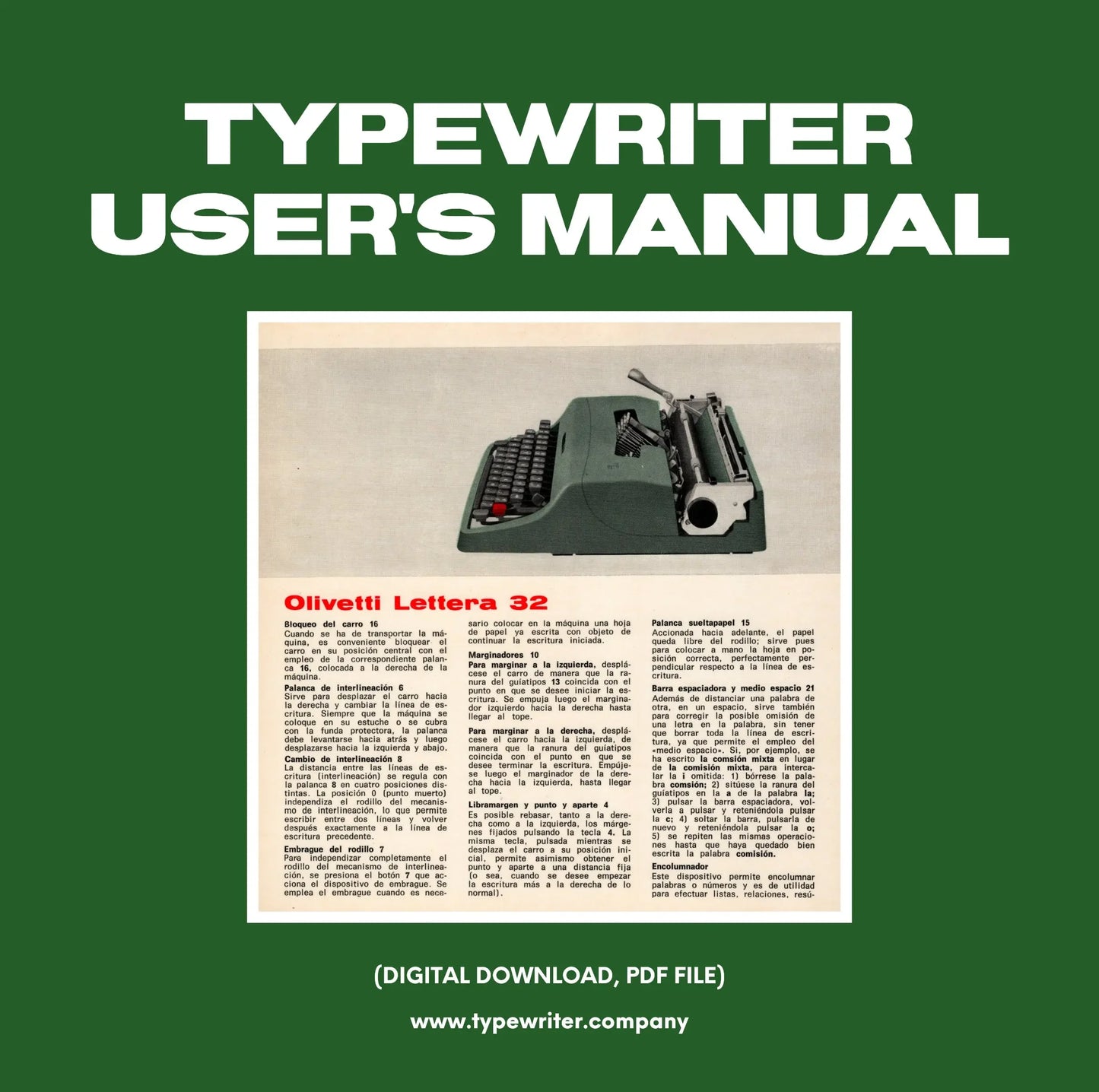 Instruction Manual for Vintage Typewriter Olivetti Lettera 32, PDF in Spanish - ElGranero Typewriter.Company