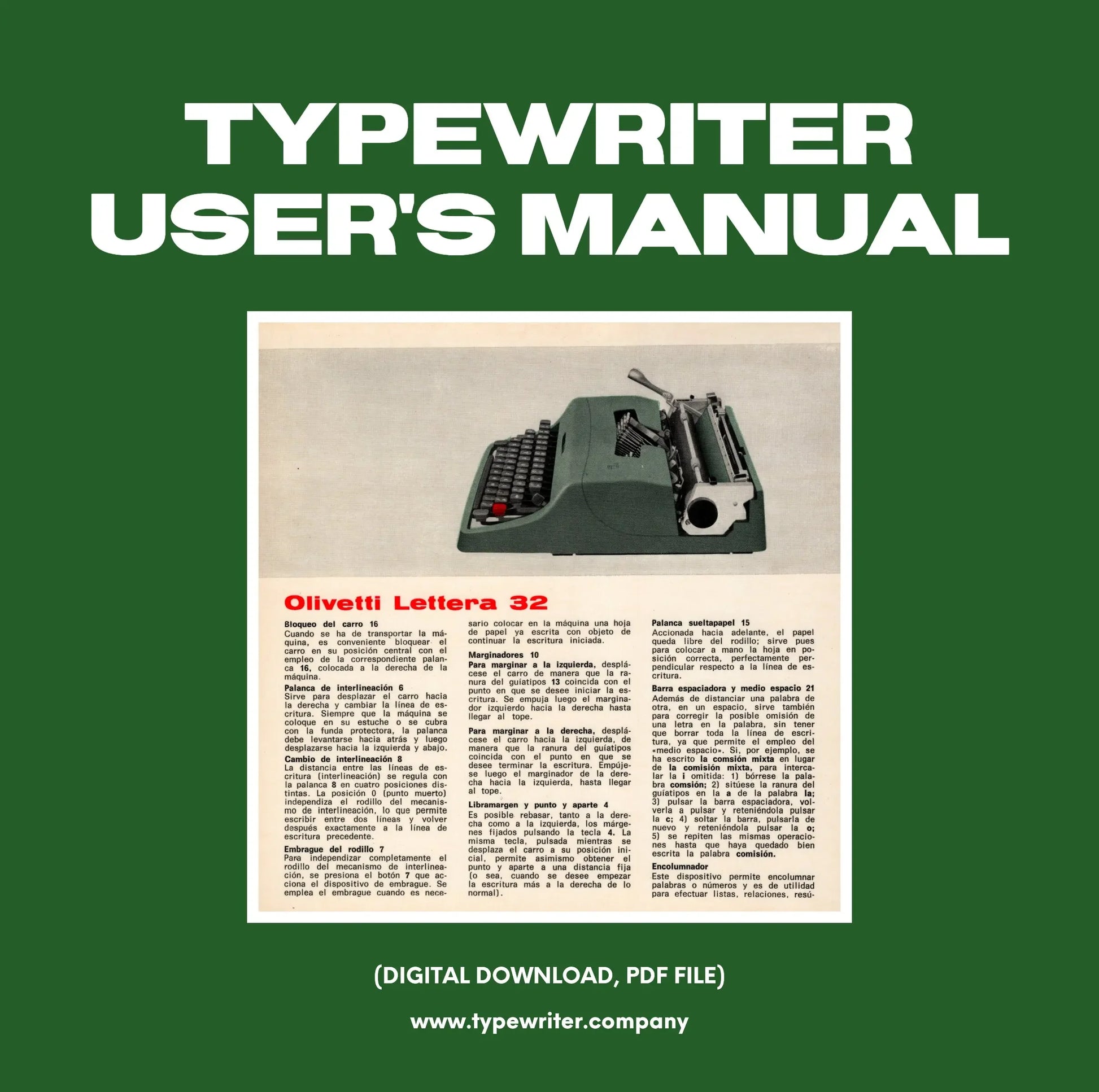 Instruction Manual for Vintage Typewriter Olivetti Lettera 32, PDF in Spanish - ElGranero Typewriter.Company