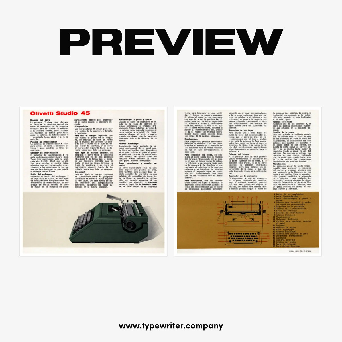 Instruction Manual for Vintage Typewriter Olivetti Studio 45, PDF in Spanish - ElGranero Typewriter.Company