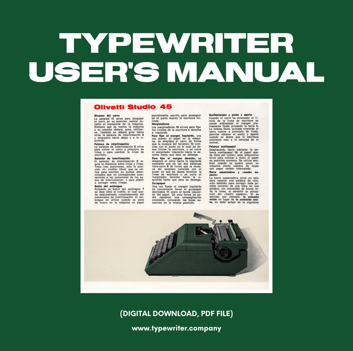 Instruction Manual for Vintage Typewriter Olivetti Studio 45, PDF in Spanish - ElGranero Typewriter.Company