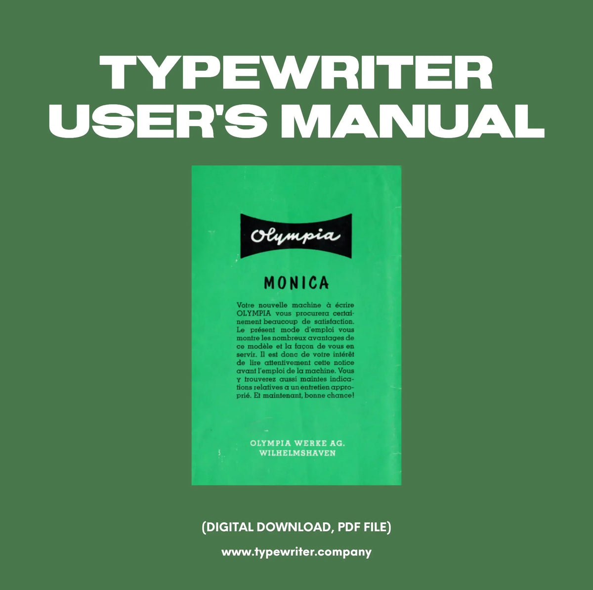 Instruction Manual for Vintage Typewriter Olympia Monica, PDF in French - ElGranero Typewriter.Company