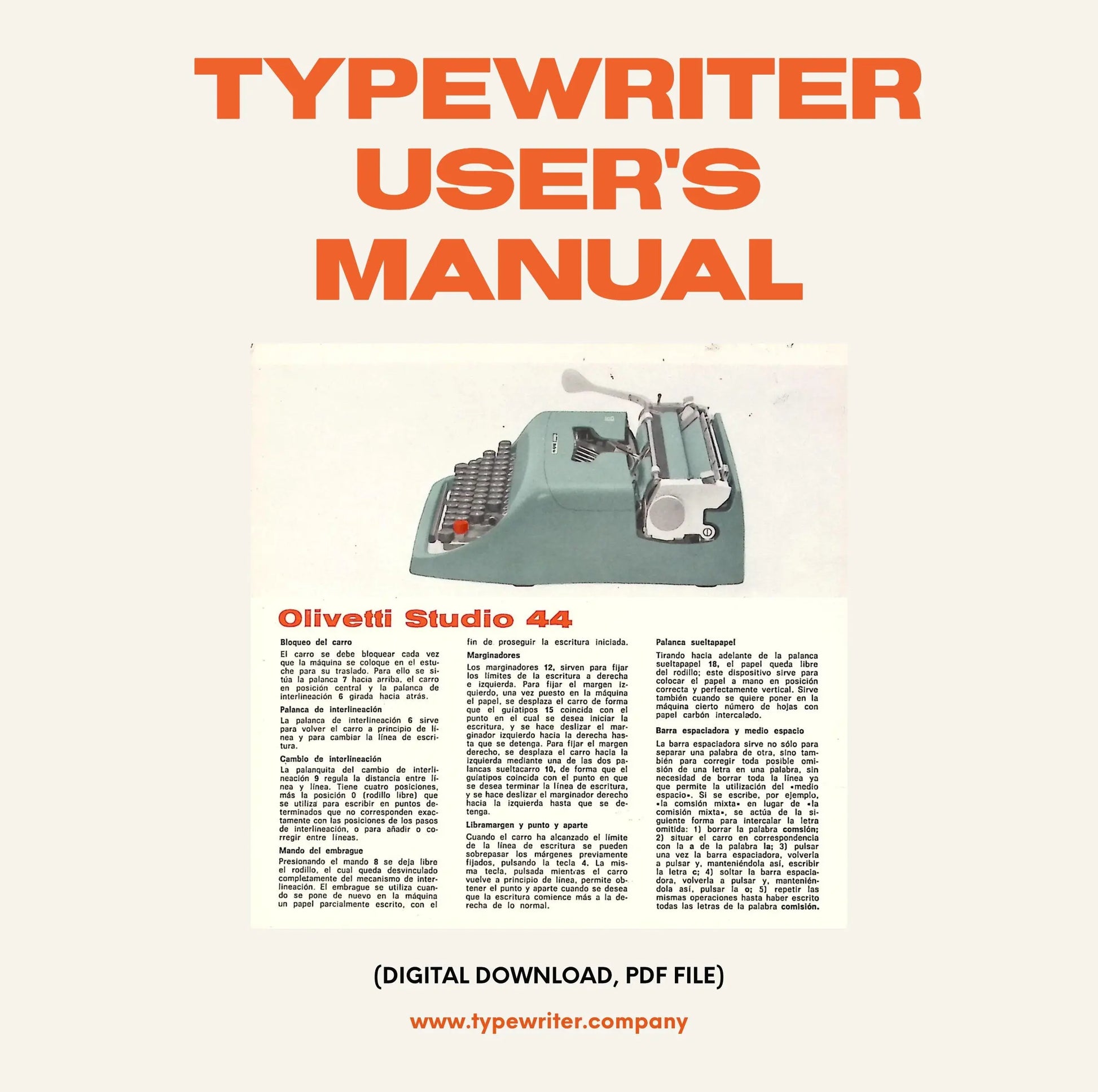 Typewriter Instruction Manual, for User/Owner - Olivetti Studio , in Spanish, Instant download, Digital Copy. - ElGranero Typewriter.Company