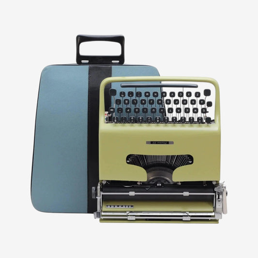 ElGranero Typewriter.Company pistachio green Olivetti Pluma 22 manual typewriter with its blue vintage carrying case.