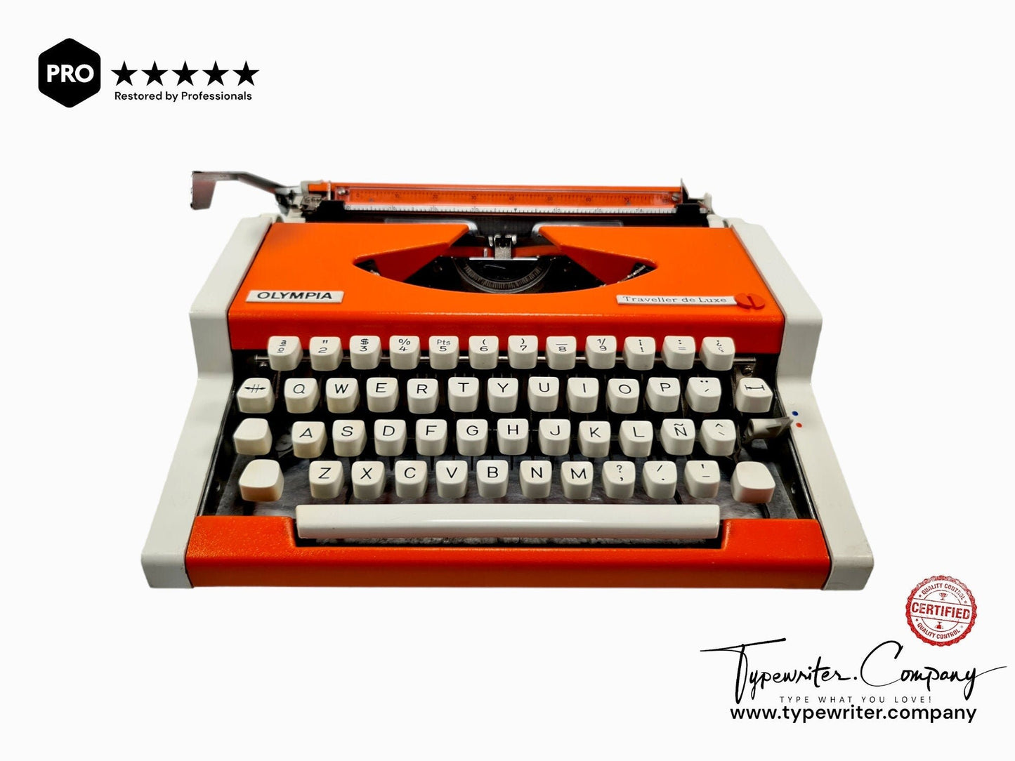 Olympia Traveller de Luxe Orange Typewriter, Vintage, Mint Condition, Manual Portable, Professionally Serviced by Typewriter.Company