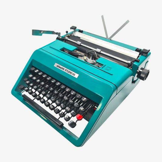 Olivetti Studio 45 turquoise typewriter, three-quarter view
